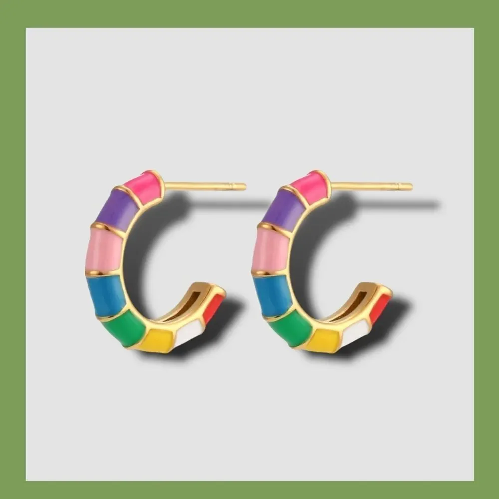 Multicolor Ceramic Mini Hoop Huggie Earring Colorblock Design NIB 18kgold plate